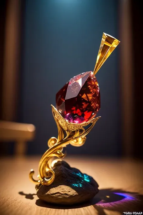 an concept art of alchemic element - Garnet: A gemstone with a range of colors, from red to green, known for its brilliance. This scene, with its magical lighting and exquisite focus on intricate details, will leave viewers spellbound, transporting them to a world of enchantment and beauty, regardless of the object it embraces., on table, rim lights, digital art, focus on subject, duch angle, clsoe shot, closeup, focus on material and structure, masterpiece, ultrasharp, intricated details
