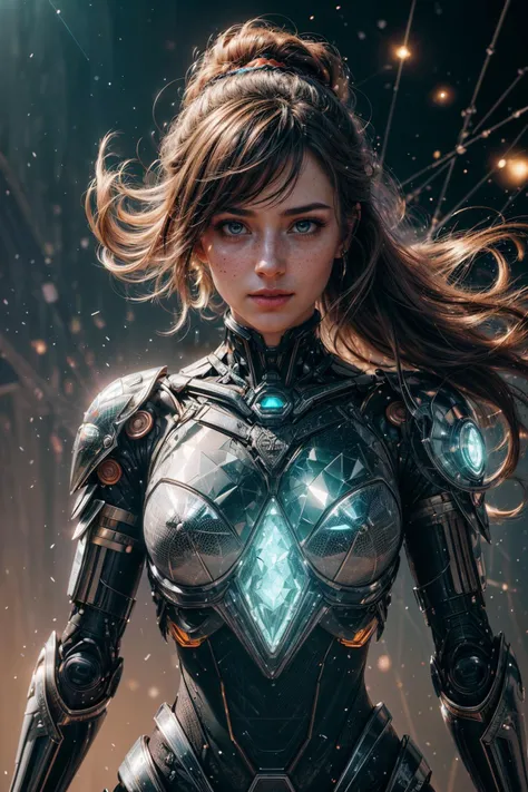 realistic style, 8k, exposure blend, medium shot, bokeh, (hdr:1.4), high contrast, (cinematic), (muted colors, dim colors, soothing tones:1.3), low saturation, (hyperdetailed:1.2), 3d render, cgi, symetrical, octane render, 35mm, bokeh, (intricate details:1.15), <lora:add_detail:0.8>, <lora:FujiVelvia50:0.4>,
1 girl, adult woman, freckles, amber eyes, auburn prom hairstyle,
portrait, solo, upper body, looking up, detailed background, detailed face, (<lora:NodesTech:0.6>, holographic, NodesTech theme:1.1), dynamic pose, glass-cyborg, (made of glass:1.1), colorful, warrior, gemstone armor, floating particles, steam, reflections, intense heat, storm in background, epic atmosphere,