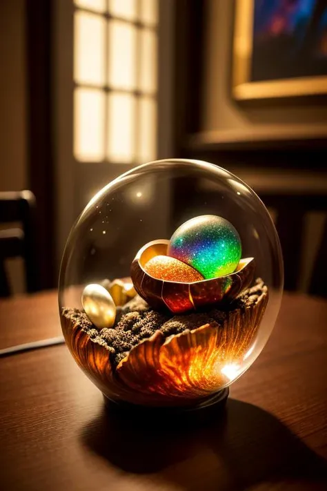 an concept art of alchemic element - Ammolite: A gem made from fossilized ammonite shells, displaying a mesmerizing iridescent play of colors. This scene, with its magical lighting and exquisite focus on intricate details, will leave viewers spellbound, transporting them to a world of enchantment and beauty, regardless of the object it embraces., on table, rim lights, digital art, focus on subject, duch angle, clsoe shot, closeup, focus on material and structure, masterpiece, ultrasharp, intricated details