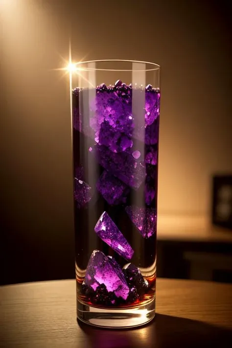 an concept art of alchemic element - Sugilite: A purple gemstone with occasional black or white inclusions, displaying a rich color. As the magical light cascades over the scene, it accentuates the scene's enchantment, instilling a sense of awe and delight. Every detail sparkles with a touch of the extraordinary, while the background fades into an alluring blur, focusing our gaze solely on the captivating subject., on table, rim lights, digital art, focus on subject, duch angle, clsoe shot, closeup, focus on material and structure, masterpiece, ultrasharp, intricated details