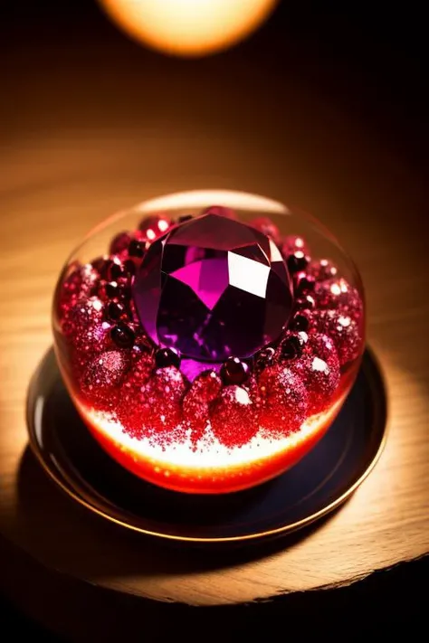 an concept art of alchemic element - Rhodolite Garnet: A pink to reddish-purple gemstone, displaying a lovely hue reminiscent of rhododendron flowers. This scene, with its magical lighting and exquisite focus on intricate details, will leave viewers spellbound, transporting them to a world of enchantment and beauty, regardless of the object it embraces., on table, rim lights, digital art, focus on subject, duch angle, clsoe shot, closeup, focus on material and structure, masterpiece, ultrasharp, intricated details