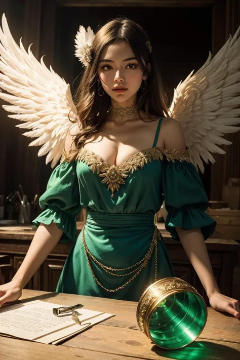 (masterpiece:1.2), an concept art of alchemic element - Seraphinite: A green gemstone with feathery patterns, resembling the wings of an angel. As the magical light cascades over the scene, it accentuates the scene's enchantment, instilling a sense of awe and delight. Every detail sparkles with a touch of the extraordinary, while the background fades into an alluring blur, focusing our gaze solely on the captivating subject., on table, rim lights, digital art, focus on subject, duch angle, clsoe shot, closeup, focus on material and structure, masterpiece, ultrasharp, intricated details