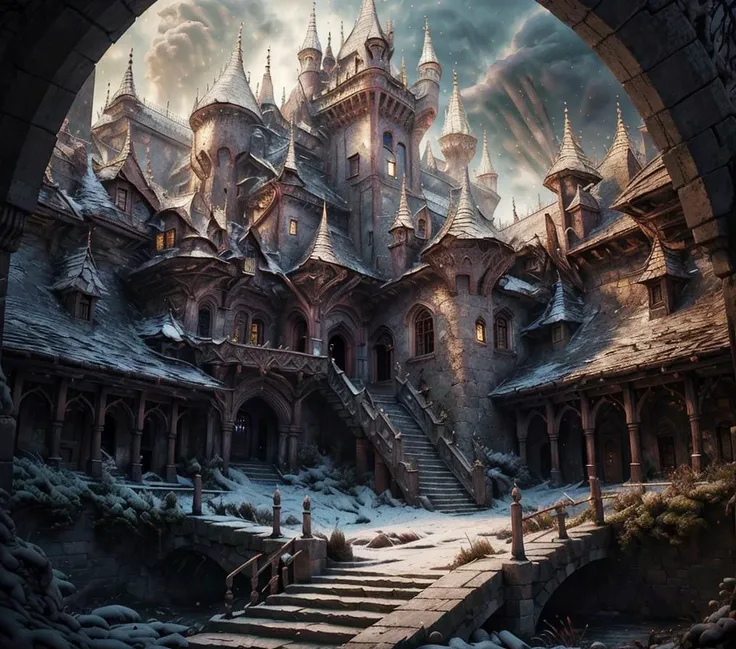 RAW photo, (masterpiece:1.3), subsurface scattering, heavy shadow, (high quality:1.4), (intricate, high detail:1.2), professional photography, HDR, High Dynamic Range, realistic, ultra realistic, photorealistic, high resolution, film photography, ambient lighting, atmospheric effects, <lora:detail_slider_v4:2>, OverallDetail, DarkFantasy, Fantasy picture, a medieval castle courtyard, arches, well, stairs up to walls, battlements, fanca, <lora:FantasyCastle:0.8>,<lora:fantasy00d:0.6>, fantasy00d, <lora:zoom_slider_v1:3>