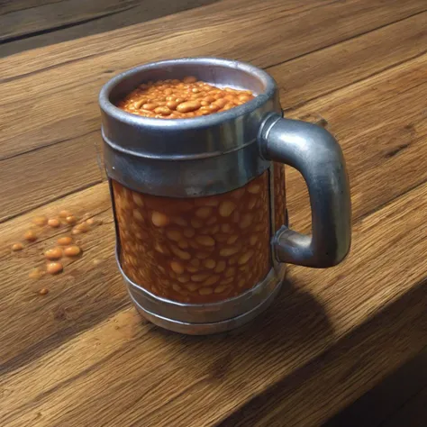 A frothing beer mug filled with beans., beans, wooden table, rustic atmosphere, dusty, <lora:beans:1>