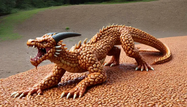 A quadrupedal dragon formed entirely out of beans., scenic, beautiful, outdoors, fangs, horns, snarl, <lora:beans:1>