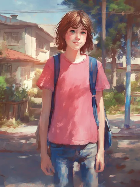 cute max Caulfield, 16 years old, thin, sport, polane pink tshirt <lora:MaxCaulfield_XL:0.8> maxine_caufield_byammpu, blue eyes , freckles, blue jeans , red chucks <lora:ãµããã:1>