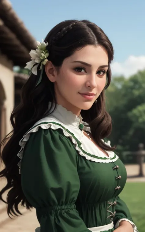 waist up closeup of nlcond wearing a colonial green dress, colonial mexico outdoors, smug expression, hairdo, realistic, <lyco:NlCond_v2_locon_64_64: 1.0>