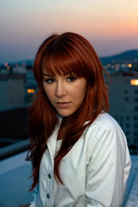 closeup of nlcond wearing white clothes, a rooftop at night, red hair, <lora:NlCond_v3_locon_64_64:1>