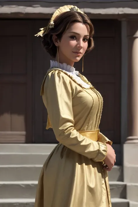 closeup of nlcond wearing a [golden] colonial dress, colonial mexico outdoors, smug expression, short hairdo, realistic, <lora:NlCond_v3_locon_64_64:1>