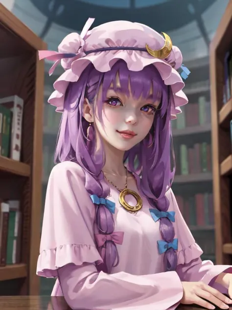 1girl,fullbody,cute,smile,(best quality, masterpiece,extremely detailed,8k resolution:1.2),detailed face,upper body,focus on face,portrait,wlstyle,<lora:WLOPStyle_NAI_c_Extended:0.9>, 1girl,purple hair,purle eyes,long hair,thick hair,pink mob cap,crescent hat ornament, ribbon,pink dress,indoors,library,night<lora:patchouli:0.8>
