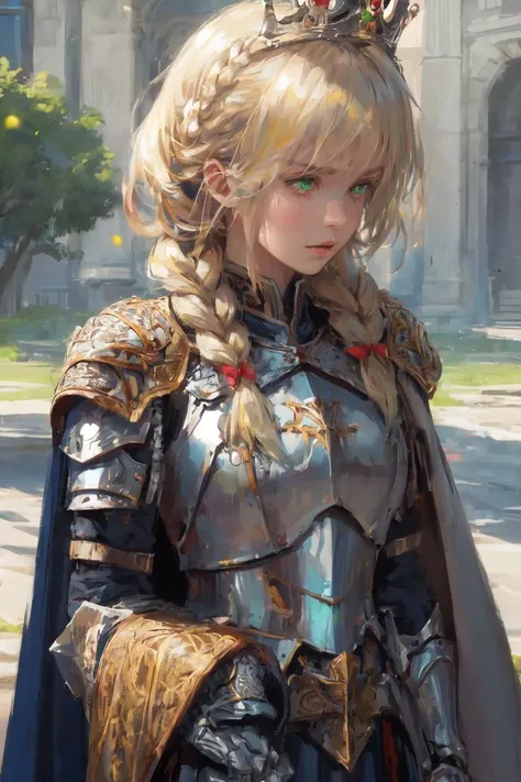 wlstyle, (realistic:1.4), (extremely intricate:1.2), 1girl, bangs, blonde hair, hair ornament, ribbon, closed mouth, green eyes, upper body, braid, flower, ahoge, solo focus, hair bun, cape, armor, lips, fur trim, looking down, crown, gauntlets, light particles, french braid, breastplate, armored dress, blue cape, fur-trimmed cape, knight, <lora:WLOPStyle_NAI_c_Extended:0.6>