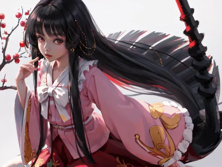 1girl,fullbody,(best quality, masterpiece,extremely detailed,8k resolution:1.2),detailed face, portrait,wlstyle,<lora:WLOPStyle_NAI_c_Extended:0.8>, houraisan kaguya,1girl,black hair,long hair,red eyes,skirt, wide sleeves,jeweled branch of hourai,<lora:kaguya:0.8>