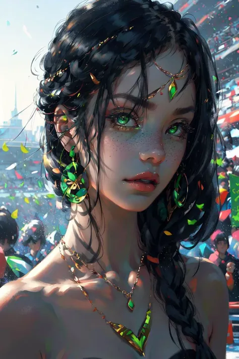 wlstyle, (absurdres, best quality, masterpiece, detailed, highres:1.1), 1girl, (illustration:1.15), black hair, short hair, green eyes, golden jewelry, hair ornament, green earrings, magatama earrings, freckles, bare shoulders, makeup, looking away, solo, blurry background, snow particles, tribune in the background, <lora:WLOPStyle_NAI_c_Extended:1>
