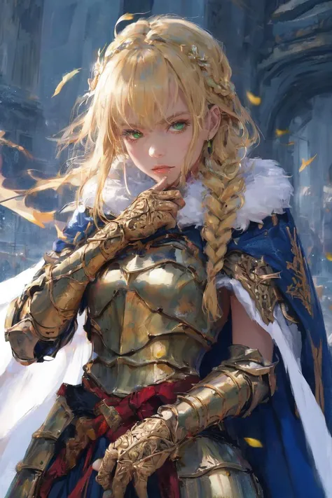 wlstyle, (realistic:1.4), (extremely intricate:1.2), 1girl, bangs, blonde hair, hair ornament, ribbon, closed mouth, green eyes, upper body, braid, flower, ahoge, solo focus, hair bun, cape, armor, lips, fur trim, looking down, crown, gauntlets, light particles, french braid, breastplate, armored dress, blue cape, fur-trimmed cape, knight, <lora:WLOPStyle_NAI_c_Extended:0.6>