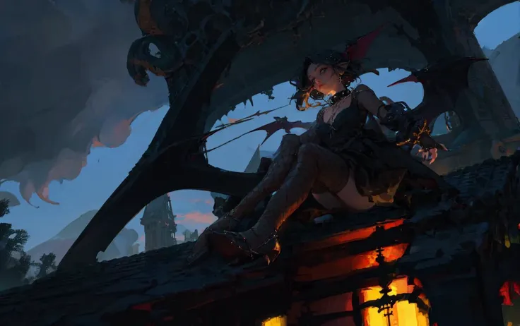 (masterpiece:1.3),(best quality:1.2),8k,absurdres,unity 8k wallpaper, (extremely detailed:1.3), highestres, (from below:1.2), dutch angle, (Upper air:1.2),
(1girl:1.1), (sitting on the edge of roof:1.2), (vampire:1.1), Gothic dress, ornament, floating extremely long hair, wind, black sharp nails, Pointed ears, (outstretched bat wings:1.2), (solo:1.4),
pants, elbow gloves, jewelry, thighhighs, high heels, gothic, necklace, fishnets, spikes,(spiked collar:1.1), cross, earrings, collar, cross necklace, fingerless gloves, belt, choker, (black nails:1.1), tattoo, black lips,(makeup:1.2),arm tattoo,(eyeshadow:1.1),nail polish, see-through,
BREAK,
(night:1.2),cloudy sky,(clouds:1.2),(starless:1.1),(moon in clouds:1.1),dim moonlight,(Bats and crows:0.7),
(dark grey gothic castle:1.2),(gables:1.1),turrets,sky-high tower,(stained glass window:0.9),(marble sculpture of Death:1.3),(courtyard:1.1),(Black Rose Garden:0.8),(Dead trees:1.1),
(black lake:1.3),(dark forest:1.2),(graveyard:1.2),(grave:1.1),(sharp iron fence:1.1), <lora:LowRA:0.7>, <lora:WLOPStyle_NAI_c_Extended:0.7>