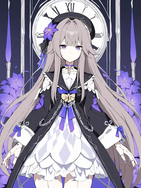 <lora:xl_herta(kohaku_Delta):1>,herta is a girl with gray long hair purple eyes beret, she is wearing a heitayifu costume, 1girl, solo, looking at viewer, closed mouth, clock, cowboy shot, flower, expressionless, bow, standing, masterpiece,best quality,