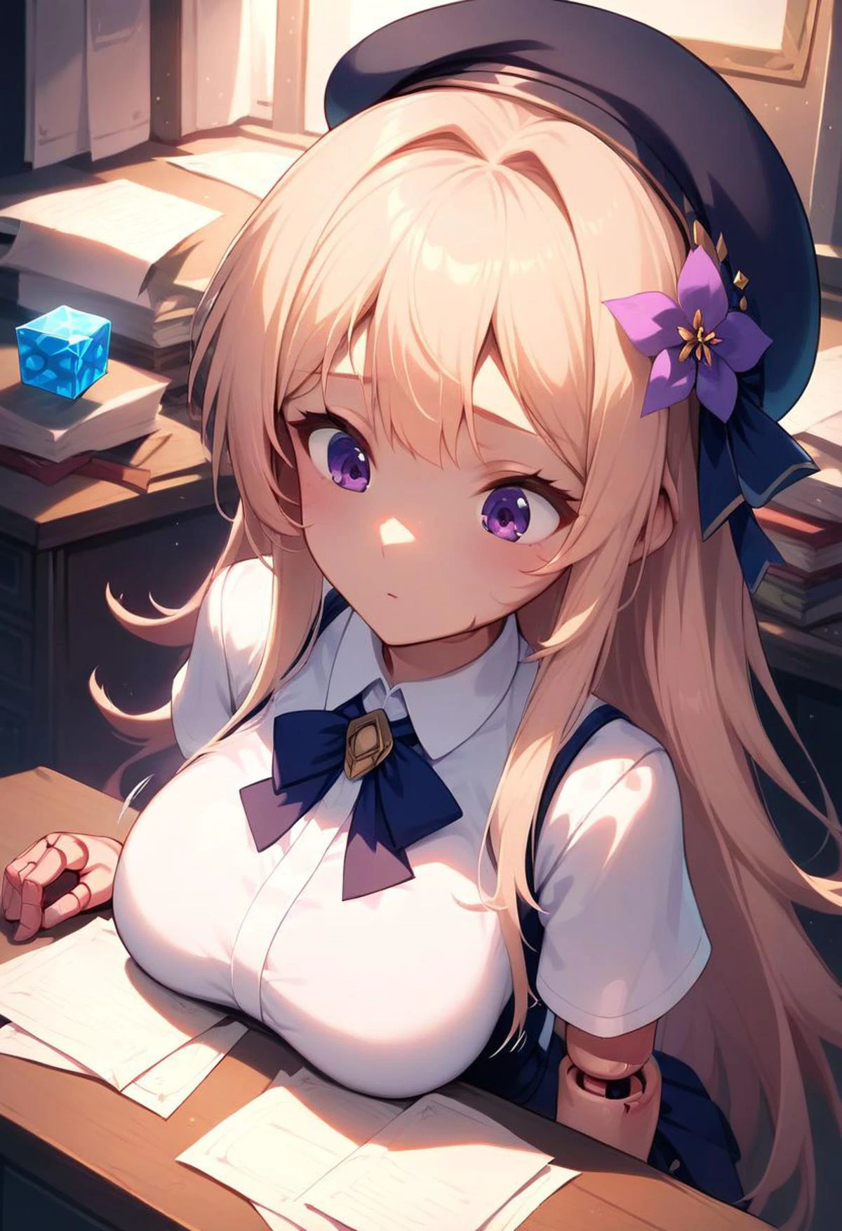 score_9, score_8_up, score_9_up, masterpiece, high quality, highly detailed, clean face, 1woman, 1girl, solo, shiny skin, soft focus, ray tracing, (ultradetailed background), (detailed face:1.2), ultradetailed face,
<lora:xl_herta(kohaku_Delta):1>,herta is a girl with gray long hair, purple eyes, 1women, solo, hair flower, violet flower, white shirt, black headwear, short sleeves, beret, skirt, doll joints, ribbon, hair intakes, masterpiece,best quality,
medium breast, {motion lines around breast}
worried face
BREAK
1 magic blue cube flies in front of breast, papers on the table, looking down at the cube,
standing in a sci-fi lab, background sci-fi lab stuff, view from above, no chibi,
upper body
