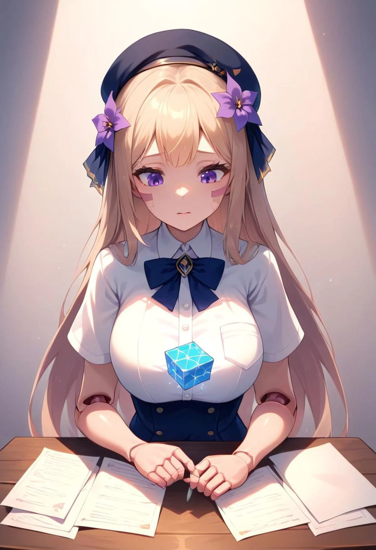 score_9, score_8_up, score_9_up, masterpiece, high quality, highly detailed, clean face, 1woman, 1girl, solo, shiny skin, soft focus, ray tracing, (ultradetailed background), (detailed face:1.2), ultradetailed face,
<lora:xl_herta(kohaku_Delta):1>,herta is a girl with gray long hair, purple eyes, 1women, solo, hair flower, violet flower, white shirt, black headwear, short sleeves, beret, skirt, doll joints, ribbon, hair intakes, masterpiece,best quality,
medium breast, {motion lines around breast}
worried face
BREAK
1 magic blue cube flies in front of breast, papers on the table, looking down at the cube,
standing in a sci-fi lab, background sci-fi lab stuff, view from above, no chibi,
upper body
