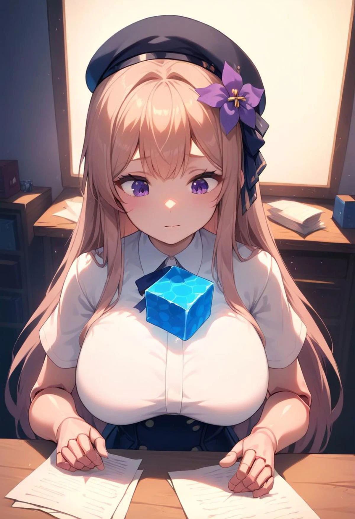score_9, score_8_up, score_9_up, masterpiece, high quality, highly detailed, clean face, 1woman, 1girl, solo, shiny skin, soft focus, ray tracing, (ultradetailed background), (detailed face:1.2), ultradetailed face,
<lora:xl_herta(kohaku_Delta):1>,herta is a girl with gray long hair, purple eyes, 1women, solo, hair flower, violet flower, white shirt, black headwear, short sleeves, beret, skirt, doll joints, ribbon, hair intakes, masterpiece,best quality,
medium breast, {motion lines around breast}
worried face
BREAK
1 magic blue cube flies in front of breast, papers on the table, looking down at the cube,
standing in a sci-fi lab, background sci-fi lab stuff, view from above, no chibi,
upper body