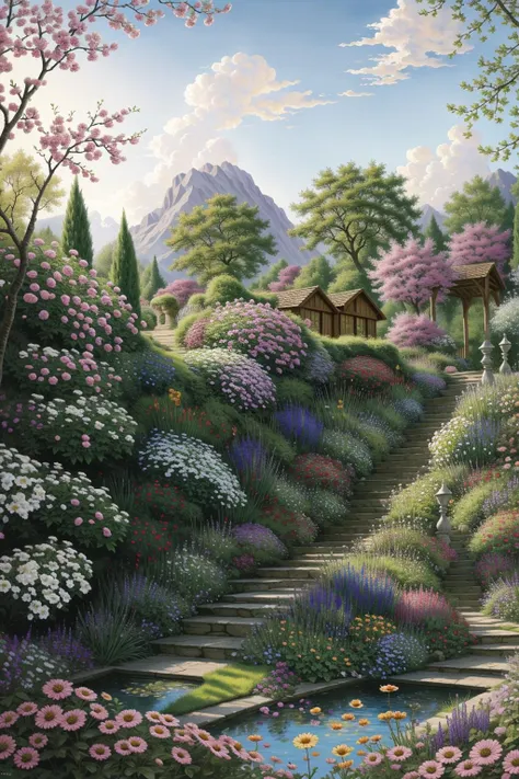 Masterpiece, best quality, hi res, 8k, hi res, 8k,  award winning , (sharp focus, intricate, highly detailed) <lora:drowninginexcellence:1> excellence, painting of a peaceful little garden