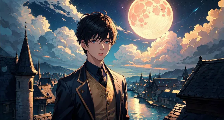 (masterpiece:1.5), (ultra-detailed), (extremely detailed CG, ultra-detailed, best shadow:1.1), 1boy, solo, fantasy, night sky, outdoors, magic, moon, stars, clouds, wind, short hair, focus on subject, extremely detailed eyes, shadow on face, mysterious, hyper detailed, texture, detail, realism, depth, perspective, special effects, composition, scale, foreground, middle ground, background, perspective, light, color, texture, detail, beauty, wonder, mature young man, fantasy city