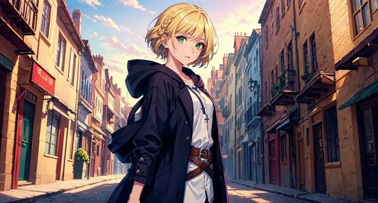 (masterpiece:1.5), (ultra-detailed), (extremely detailed CG, ultra-detailed, best shadow:1.1), (finely detailed eyes and detailed face:1.3), 1girl, cute, beautiful, confident, young mature female, (((mature female, solo))), looking at viewer, medieval city, fantasy, (crossed bangs:1.3), (blonde hair, side braids, green eyes, tied back, short hair tight inner shirt,purple long coat with hood1.4), hood down, casual, belts, casual fantasy, extremely detailed, intricate detail, fantasy city, visual novel cg, extremely detailed scenery, modern, medieval, streets, extremely beautiful sky,magic