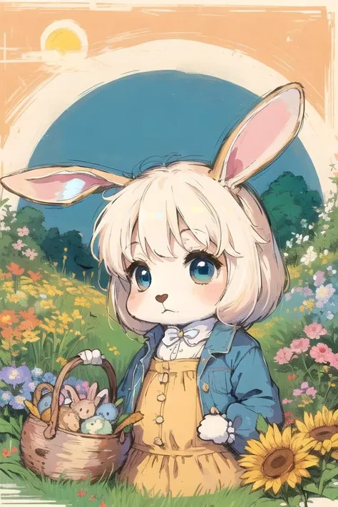 (no humans:1.3), absurdres, highres, ultra detailed, a furry little bunny rabbit, (chibi:1.2), in the style of (beatrix potter:1.3), jean jacket, fairy village, flower basket, wooden signs, sunrise, upper body,