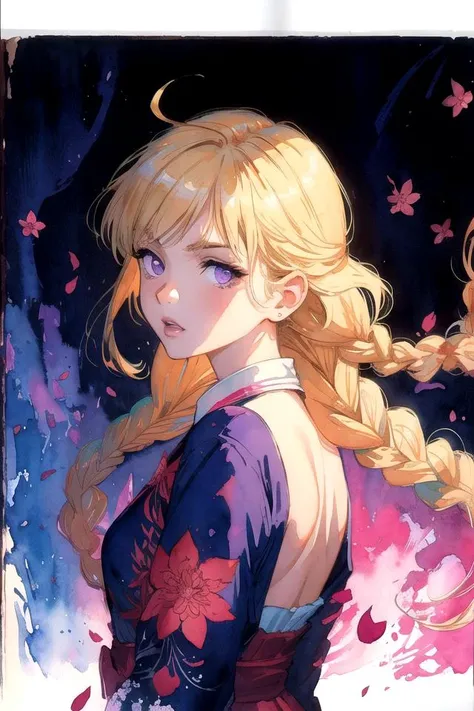 vivid, (woodblock print:1.2), (jesper ejsing, watercolor:1.3), masterpiece, best quality, highly detailed, (abstract, visual chaos:1.2), luminous effects, vibrant colors, wind blowing, 1girl, petite, purple eyes, blonde hair, (twin braids:1.2), detailed face, cowboy shot, looking at viewer, detailed background, leaves, magical plants, blooming flowers, glowing plants, blowing petals, backlighting, magical atmosphere