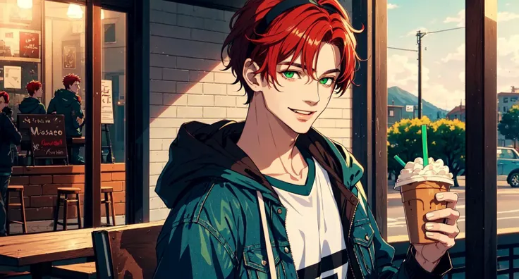 (masterpiece:1.5), (ultra-detailed), (extremely detailed CG, ultra-detailed, best shadow:1.1), (finely detailed eyes and detailed face:1.3), 1boy, male, short temper, street fashion, masculine, handsome, (((red hair, green eyes, older mature male, mature male, solo))), (asymmetrical bangs,swept bangs, very short wavy hair, hairband, casual shirt, hood, blue jacket 1.4), modern clothes,iced latte, smiling, cheerful, cafe, indoors, extremely beautiful scenery, holding drink, standing, solo, <lora:bekosIKEMENWORLD_v10:0.8>