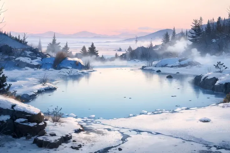 I hear you, you also want landscape shots? let's switch to landscape, something like a barren frozen wasteland with a misty hot spring oasis