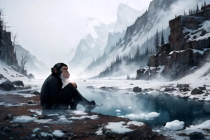 I hear you, you also want landscape shots? let's switch to landscape, something like a barren frozen wasteland with a misty hot spring oasis, oh oh, how about adding a monkey in the water
