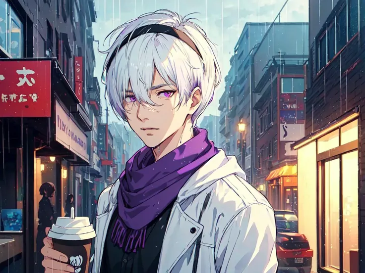 (masterpiece:1.5), (ultra-detailed), (extremely detailed CG, ultra-detailed, best shadow:1.1), (finely detailed eyes and detailed face:1.3), 1boy, confident, smug, mischievous, jokester, handsome, hairband, masculine, male focus ((white hair, purple eyes, older mature male, adult male, deadpan eyes, solo))), looking at viewer, messy hair, (short hair, hair between eyes, pixie cut:1.5), (asymmetrical bangs, long bangs, black shirt, white jacket, purple scarf: 1.4), black pants, modern clothes, rich, casual, fashion, <lora:bekosIKEMENWORLD_v10:0.9>, standing, modern city, raining, (holding coffee cup:1.2), outdoors, extremely detailed scenery, walking, FH, wet, damp