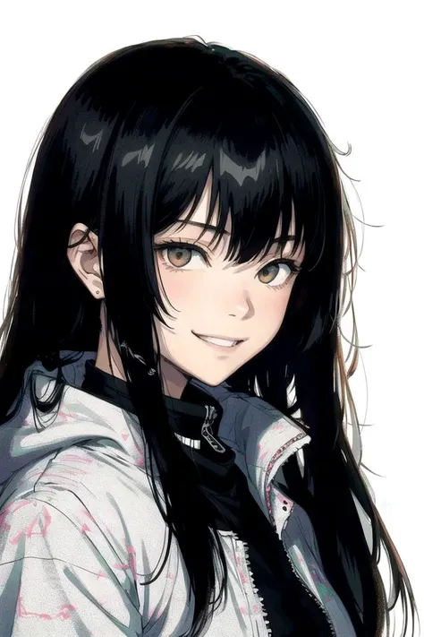 1girl, long black hair, smiling, yeah anything you put here should be good, let's add an artist to change the look, like (tsutomu nihei:1.3)