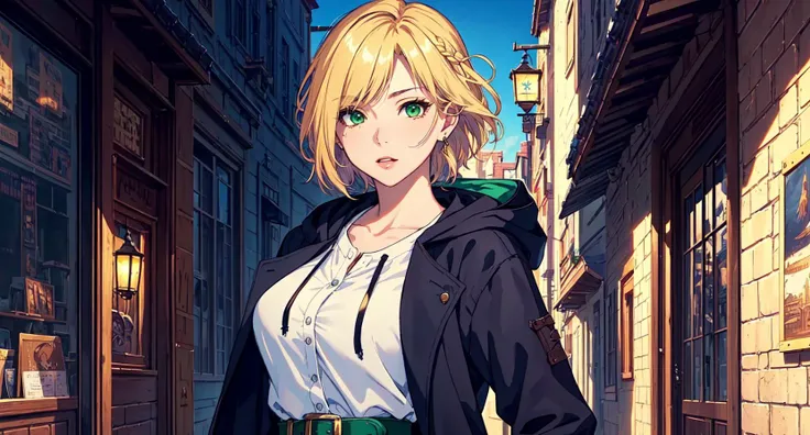 (masterpiece:1.5), (ultra-detailed), (extremely detailed CG, ultra-detailed, best shadow:1.1), (finely detailed eyes and detailed face:1.3), 1girl, cute, beautiful, confident, young mature female, (((mature female, solo))), looking at viewer, medieval city, fantasy, (crossed bangs:1.3), (blonde hair, side braids, green eyes, tied back, short hair tight inner shirt,purple long coat with hood1.4), hood down, casual, belts, casual fantasy, extremely detailed, intricate detail, fantasy city, visual novel cg, extremely detailed scenery, modern, medieval, streets, extremely beautiful sky,magic