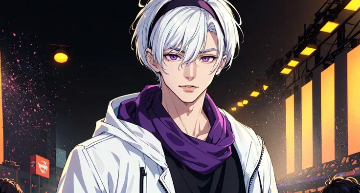 (kpop idol, on stage), jumping, singing, music, lights, action, vibrant, colorful, excitement, (masterpiece:1.5), (ultra-detailed), (extremely detailed CG, ultra-detailed, best shadow:1.1), (finely detailed eyes and detailed face:1.3), 1boy, confident, smug, mischievous, jokester, handsome, hairband, male focus ((white hair, purple eyes, adult male, mature male, mature, deadpan eyes, solo))), looking at viewer, (short messy hair, hair between eyes, pixie cut:1.5), (asymmetrical bangs, long bangs, black shirt, white jacket, purple scarf: 1.4), black pants, modern clothes, rich, casual, fashion, <lora:bekosIKEMENWORLD_v10:1>, perfectly detailed hands