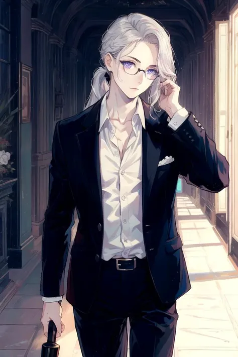 1boy, long silver hair, (pale skin:1.1), suit jacket, walking stick, eyeglass, purple eyes, long ponytail, (hand in own hair:1.2), looking down, deep blue eyes, rococo,