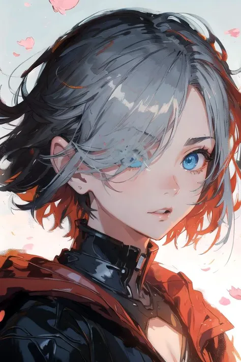 vivid, (anime screencap:1.2), (yoji shinkawa, oil painting:1.3), masterpiece, best quality, highly detailed, (abstract, visual chaos:1.2), luminous effects, vibrant colors, wind blowing, 1girl, blue eyes, silver hair, (hair over one eye:1.2), detailed face, looking at viewer, detailed background, leaves, magical plants, blooming flowers, glowing plants, blowing petals, backlighting, magical atmosphere