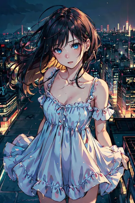 best quality, ultra detail, woman posing for a photo,(wearing baby_doll_dress:1.3),  detailed skin, sharp focus, (cinematic lighting), collarbone, wind, night, soft lighting, dynamic angle, [:(detailed face:1.2):0.2],(((city background))), outside, <lora:baby_doll_dress:0.5>