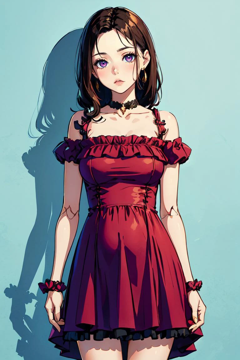 best quality,
woman (wearing _doll_dresss:1.3),
standing, cowboy shot, (pink background:0.7),