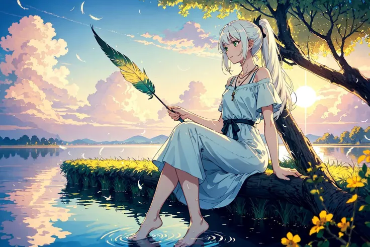 (masterpiece:1.5), (ultra-detailed), (extremely detailed CG, ultra-detailed, best shadow:1.1), environment, 1girl, beautiful,elegant, ((white hair, green eyes, cheerful, female, solo)), long hair, high ponytail, long bangs, (sun dress, necklace), rich, fashion, casual, pretty, standing, tights, barefoot, townscape, (Water Effects, Light Effects, Fluttering Feathers:1.2), damp, willow tree, calm water, reflection, sunlit clouds, peaceful ambiance, idyllic sunset,blurry foreground,full body, sitting, dynamic angle