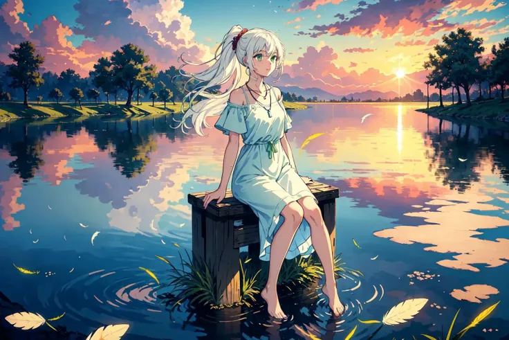 (masterpiece:1.5), (ultra-detailed), (extremely detailed CG, ultra-detailed, best shadow:1.1), environment, 1girl, beautiful,elegant, ((white hair, green eyes, cheerful, female, solo)), long hair, high ponytail, long bangs, (sun dress, necklace), rich, fashion, casual, pretty, standing, tights, barefoot, townscape, (Water Effects, Light Effects, Fluttering Feathers:1.2), damp, willow tree, calm water, reflection, sunlit clouds, peaceful ambiance, idyllic sunset,blurry foreground,full body, sitting, dynamic angle