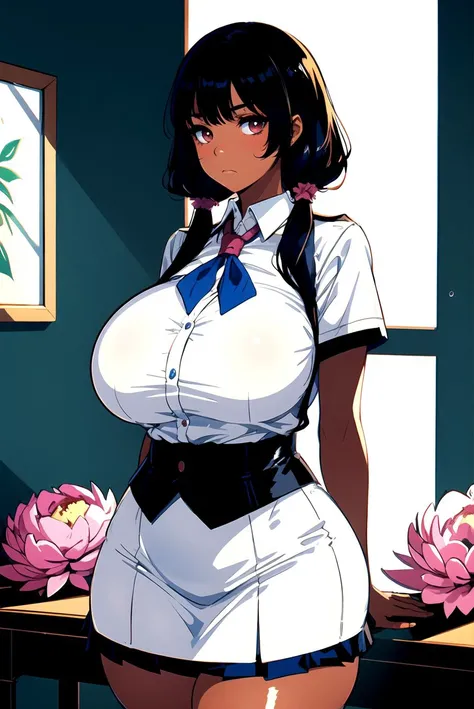 masterpiece, highly best quality, a girl, emotionless face, peony hair, high contrast shiny oily dark skin, huge long wide breast, bbw, chubby, curvy, thick, indoor background,