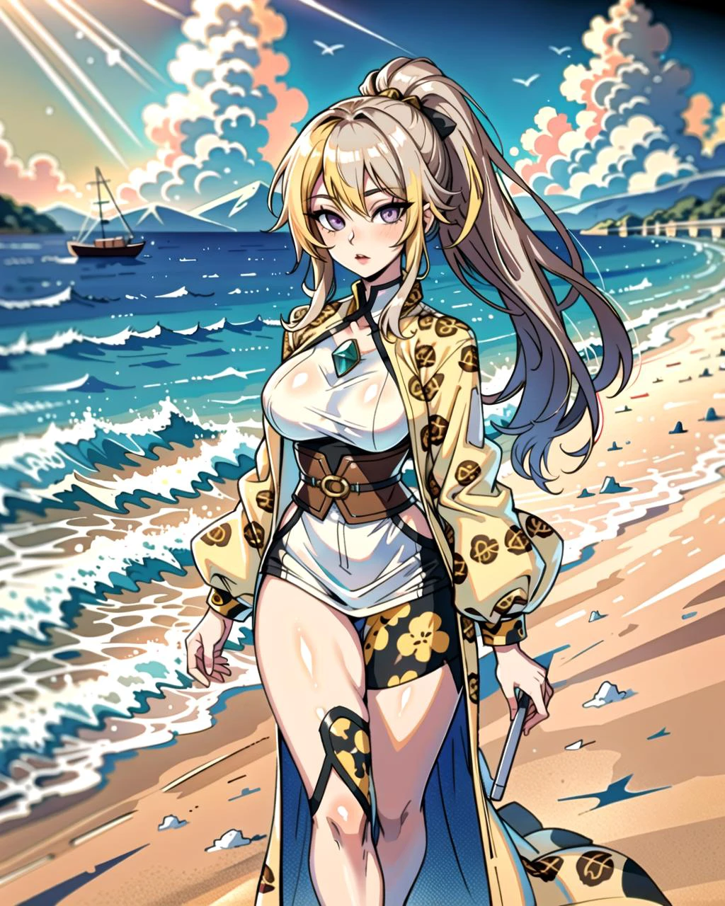 ((masterpiece), best quality, high quality, professional quality, highly detailed, highres, perfect lighting, natural lighting), (1girl, beautiful, medium breasts, (multicolored hair, brown hair,silver hair,blonde hair, long hair, high ponytail), perfecteyes eyes), (wearing cheetah print, extremelyBeautiful_beautifulclotheswild/Extremely beautiful clothes), on the beach, walking the boardwalk, <lyco:locon_perfecteyes_v1_from_v1_64_32:0.6>
