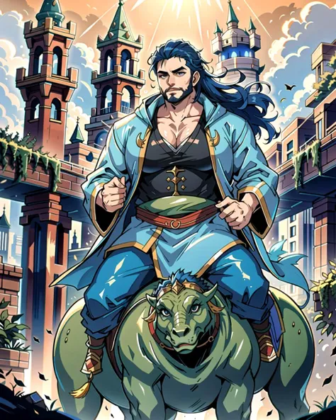 ((masterpiece), best quality, high quality, professional quality, highly detailed, highres, perfect lighting, natural lighting), (1boy, overweight, handsome, no facial hair, long hair, blue hair), wearing wizard robes, riding a dragon, in a fantasy town