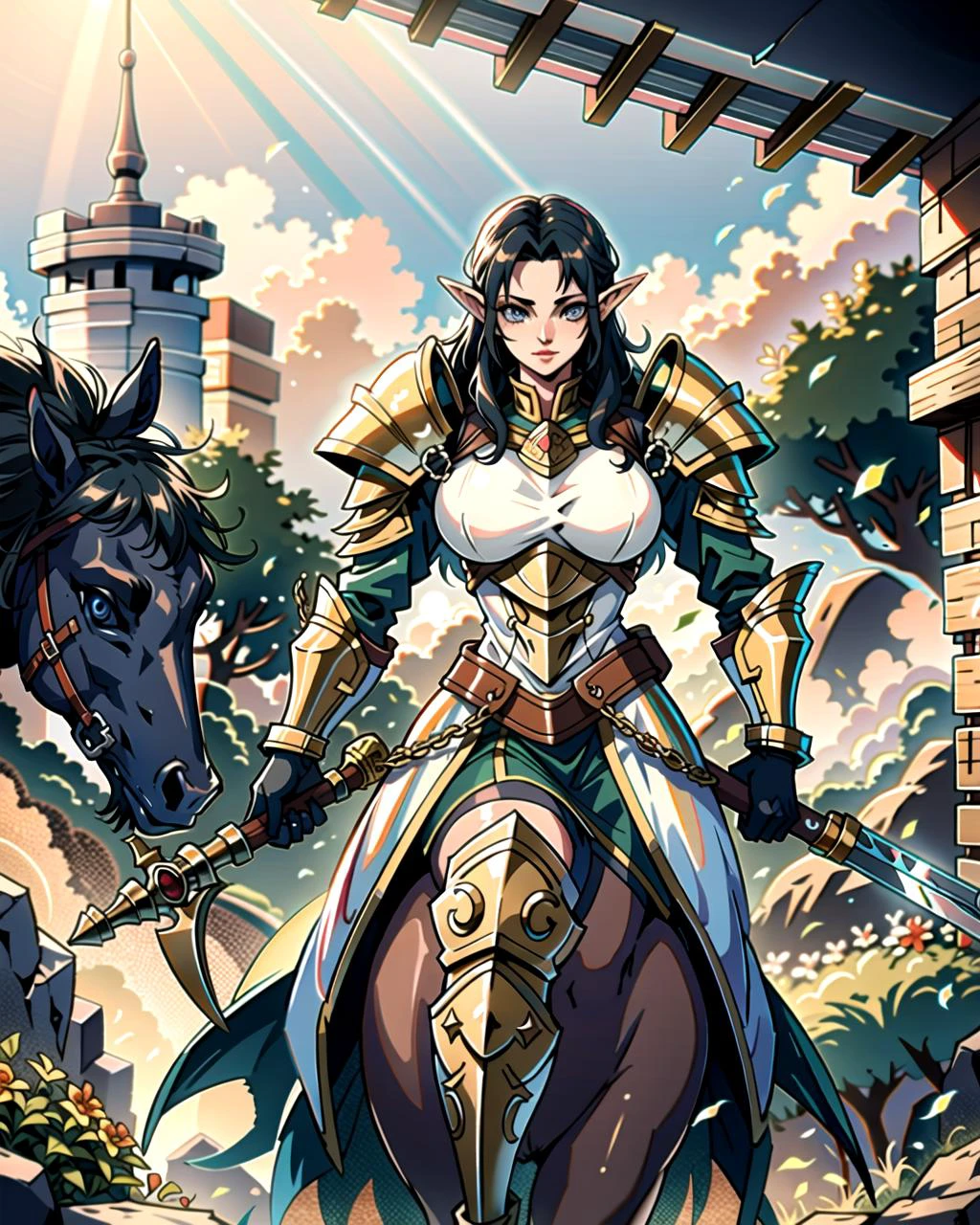 ((masterpiece), best quality, high quality, professional quality, highly detailed, highres, perfect lighting, natural lighting), knight, wearing armor, holding weapon, horseback, stallion, battle against goblins