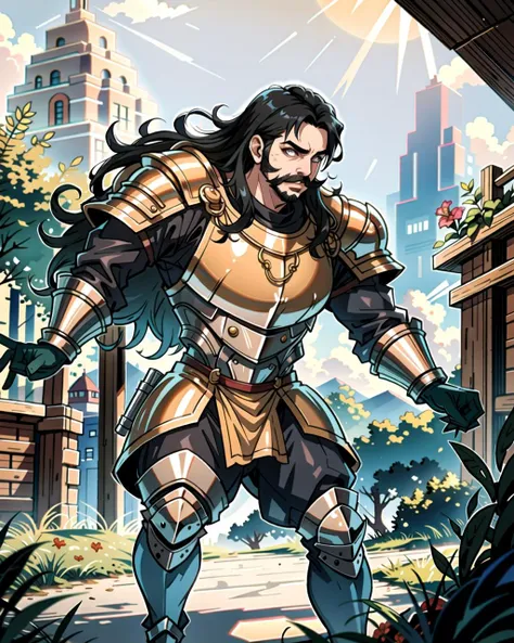 ((masterpiece), best quality, high quality, professional quality, highly detailed, highres, perfect lighting, natural lighting), (1boy, overweight, handsome, mustache, long hair, black hair), wearing armor, fighting, outdoors