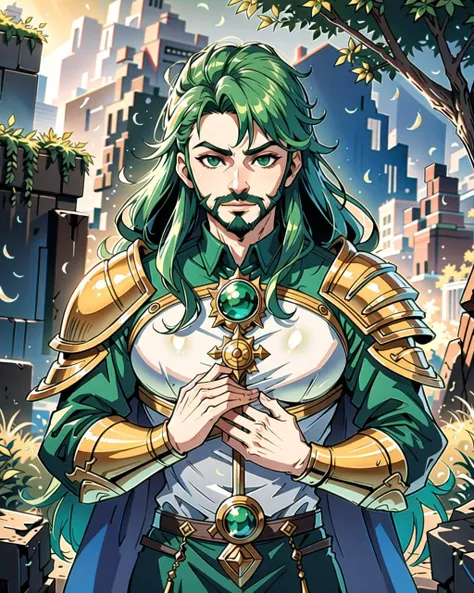 ((masterpiece), best quality, high quality, professional quality, highly detailed, highres, perfect lighting, natural lighting), (1boy, slender, handsome, facial hair, long hair, green hair), wearing armor, casting a spell, outdoors