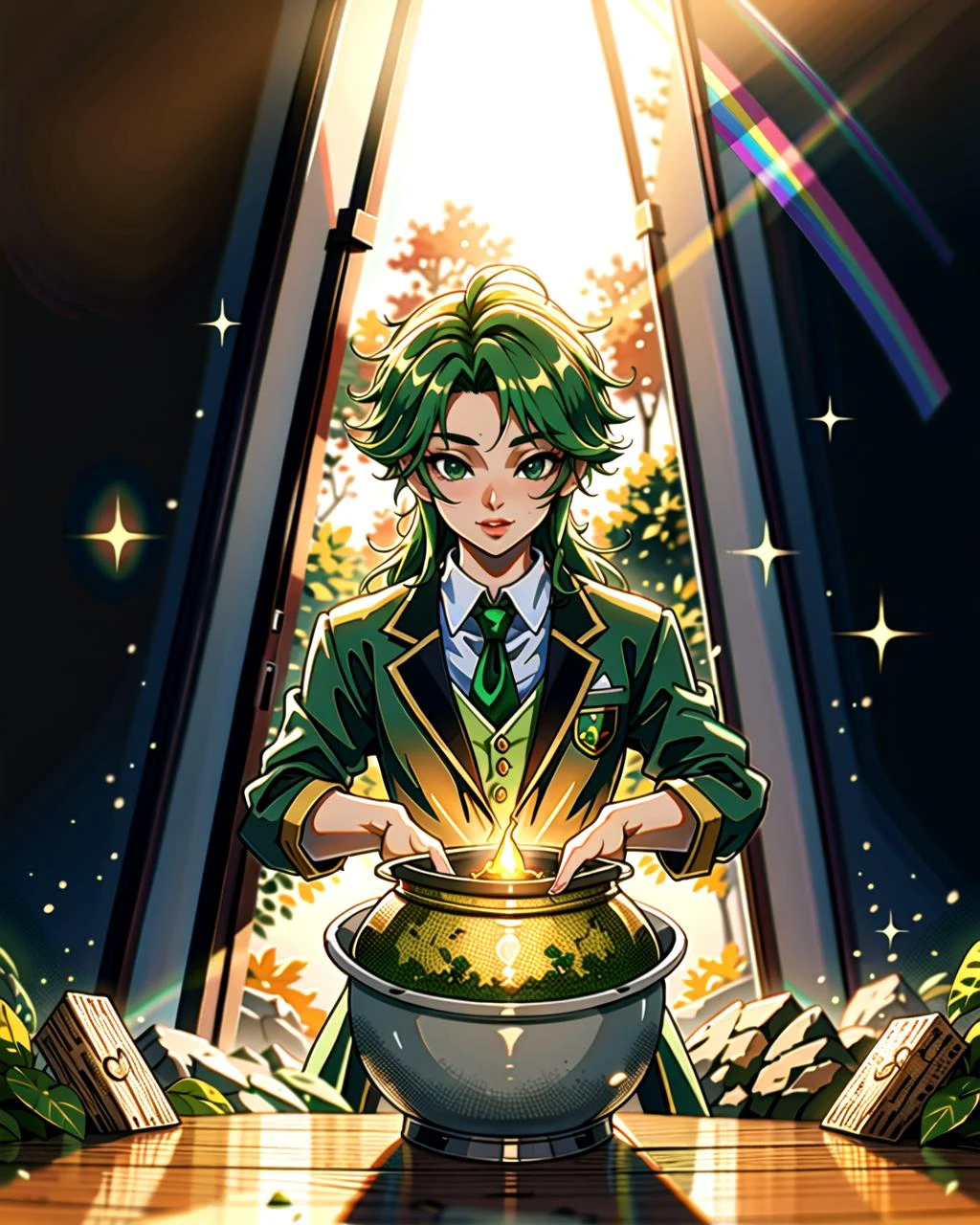 ((masterpiece), best quality, high quality, professional quality, highly detailed, highres, perfect lighting, natural lighting), leprechaun, hopping, on rainbow, holding pot of gold
