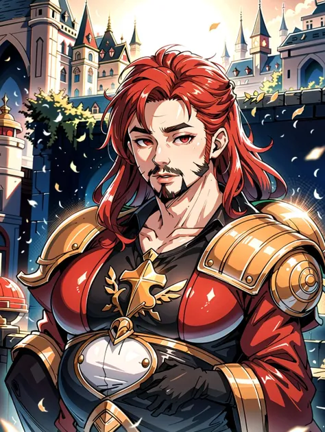 ((masterpiece), best quality, high quality, professional quality, highly detailed, highres, perfect lighting, natural lighting), (1boy, overweight, handsome, goatee, long hair, red hair), wearing fantasy clothing, casting a spell, in a castle