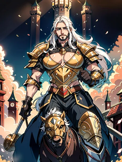 ((masterpiece), best quality, high quality, professional quality, highly detailed, highres, perfect lighting, natural lighting), (1boy, overweight, handsome, long beard, long hair, white hair), wearing armor, riding a horse, in a castle